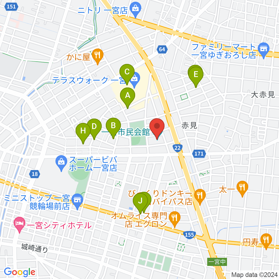 一宮市市民会館周辺の駐車場・コインパーキング一覧地図