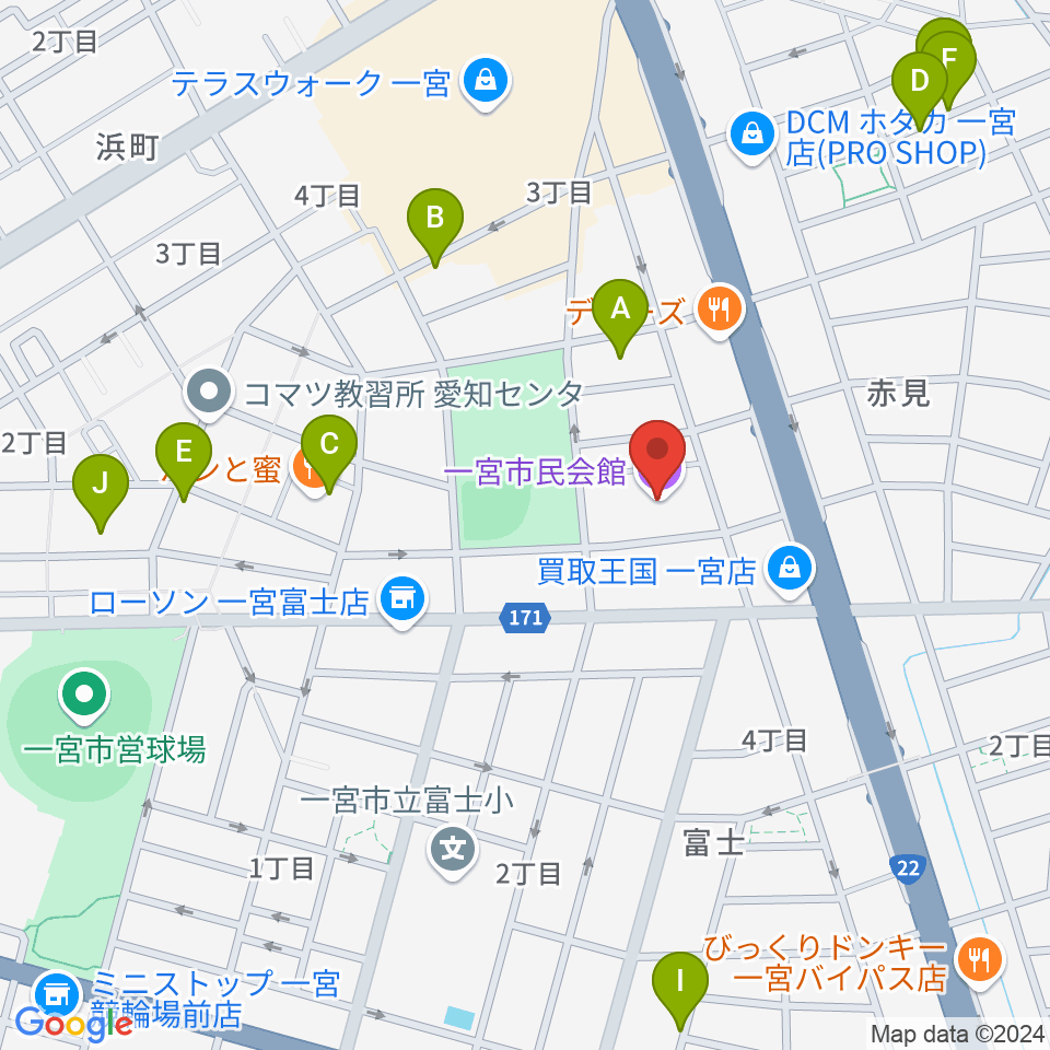 一宮市市民会館周辺の駐車場・コインパーキング一覧地図