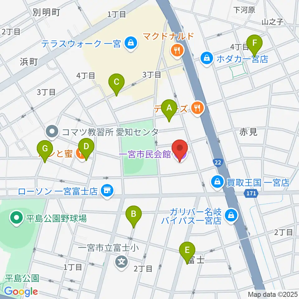 一宮市市民会館周辺の駐車場・コインパーキング一覧地図