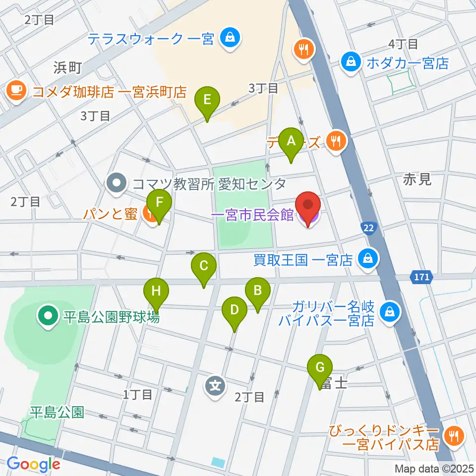 一宮市市民会館周辺の駐車場・コインパーキング一覧地図