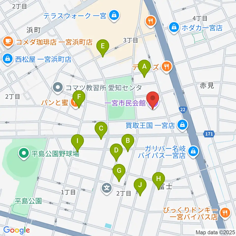 一宮市市民会館周辺の駐車場・コインパーキング一覧地図
