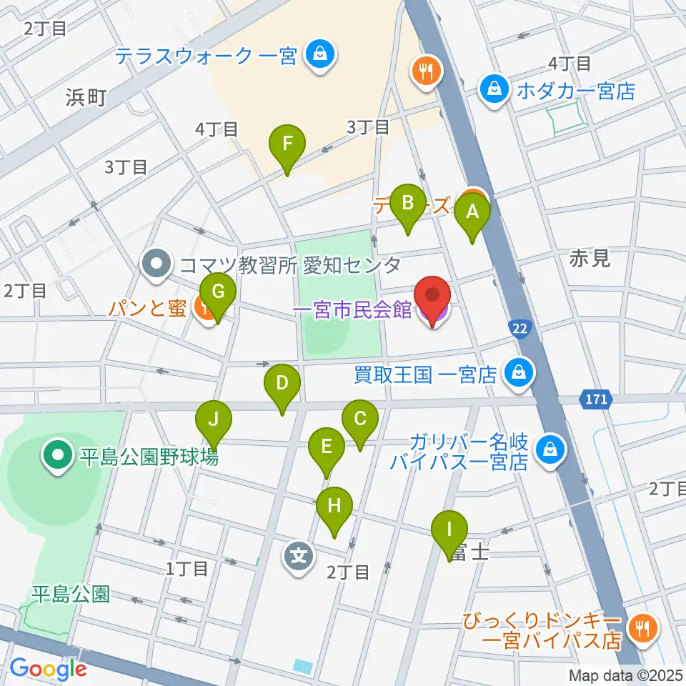 一宮市市民会館周辺の駐車場・コインパーキング一覧地図