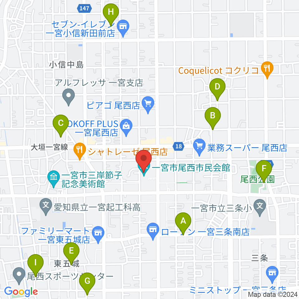 一宮市尾西市民会館周辺の駐車場・コインパーキング一覧地図