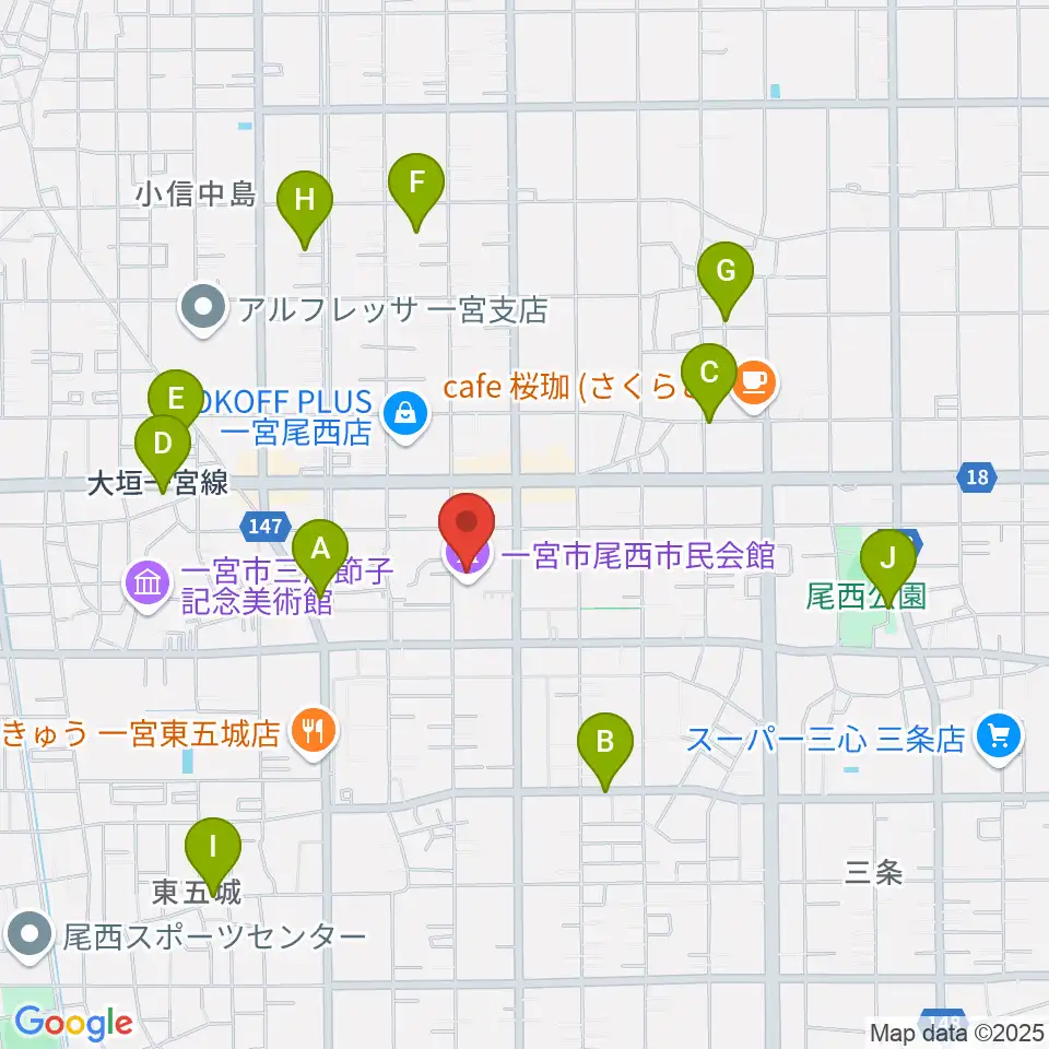 一宮市尾西市民会館周辺の駐車場・コインパーキング一覧地図