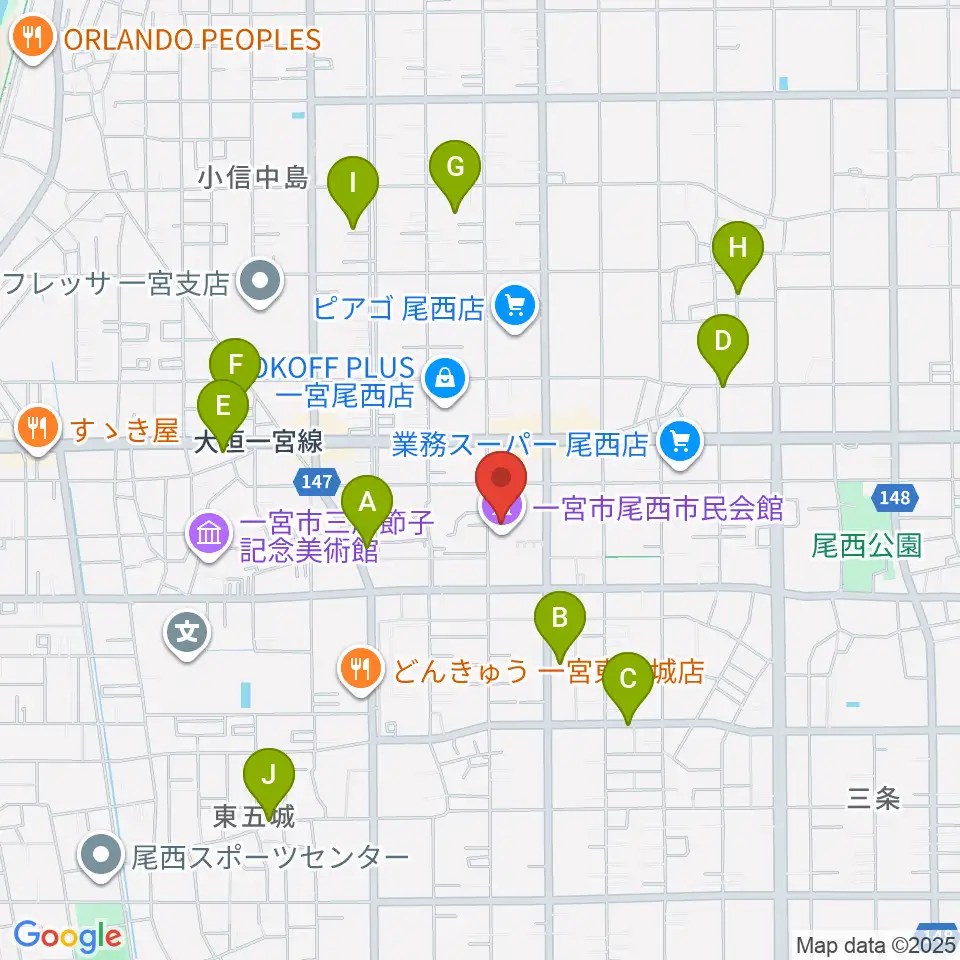 一宮市尾西市民会館周辺の駐車場・コインパーキング一覧地図