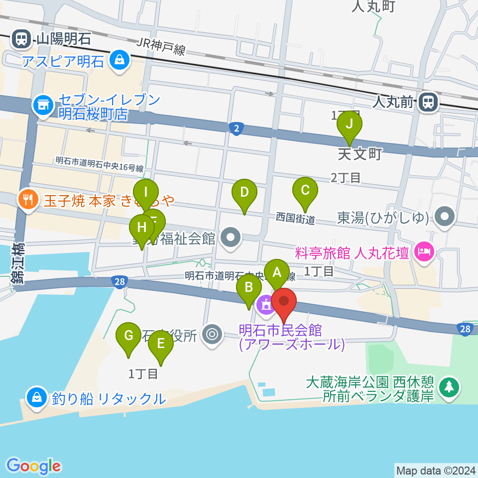 明石市立市民会館アワーズホール 周辺の駐車場 コインパーキング一覧マップ