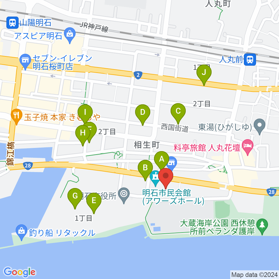 明石市立市民会館アワーズホール周辺の駐車場・コインパーキング一覧地図