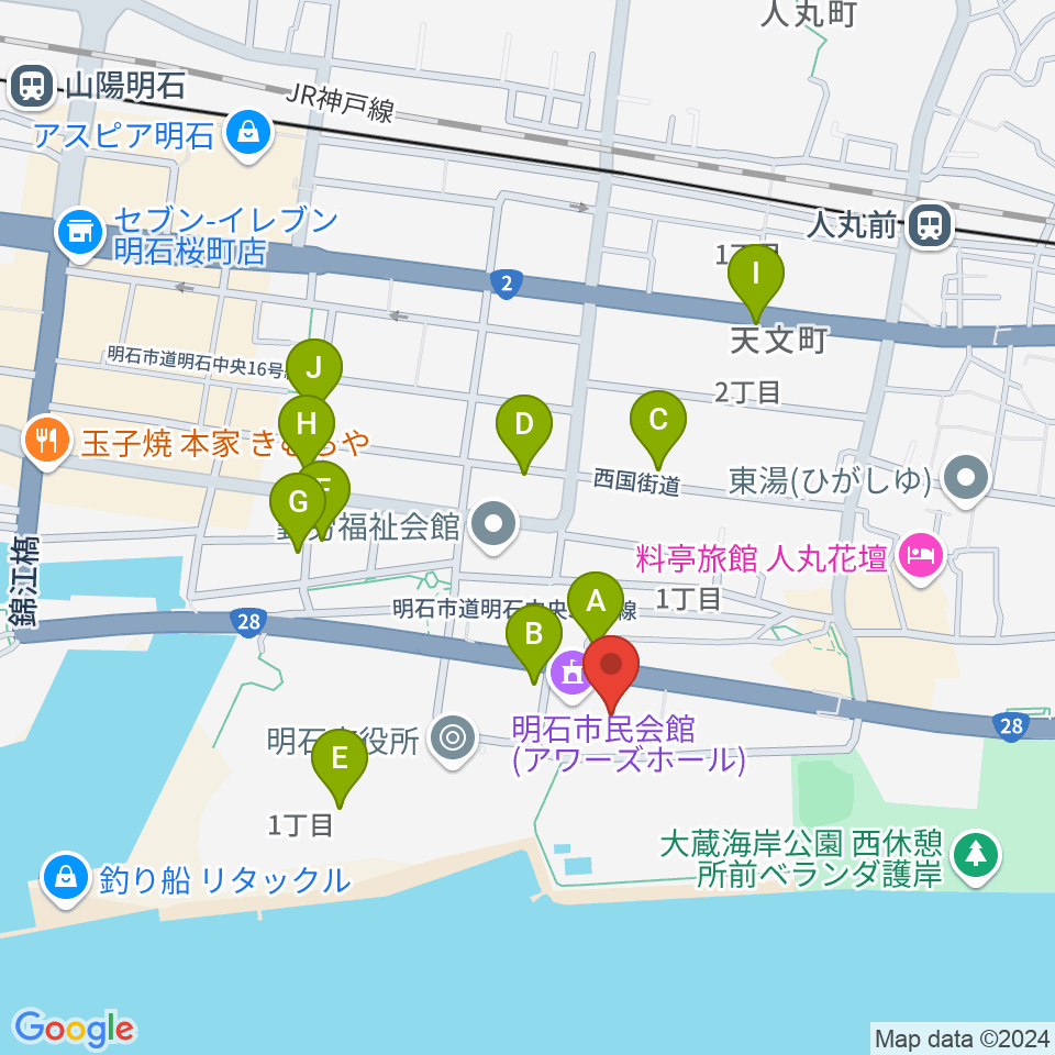 明石市立市民会館アワーズホール周辺の駐車場・コインパーキング一覧地図