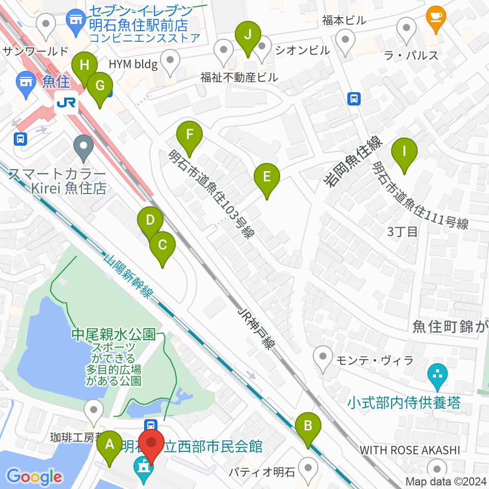 明石市立西部市民会館周辺の駐車場・コインパーキング一覧地図