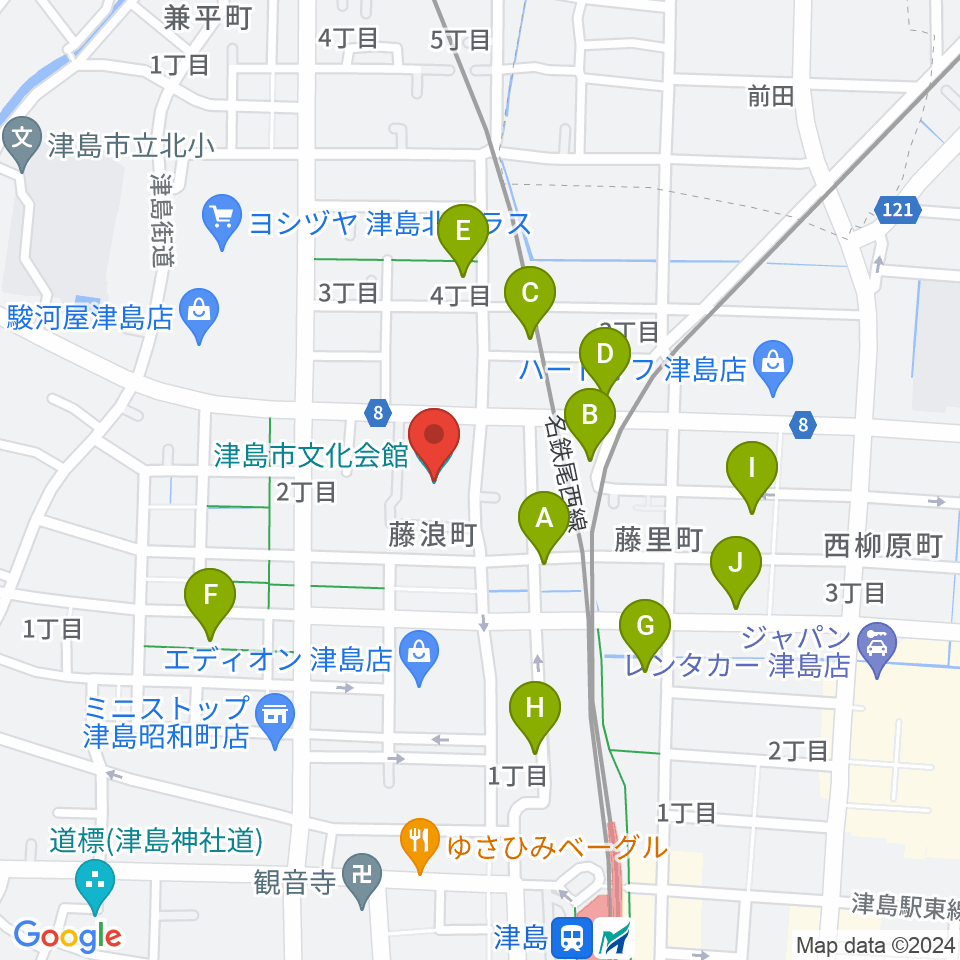 津島市文化会館周辺の駐車場・コインパーキング一覧地図