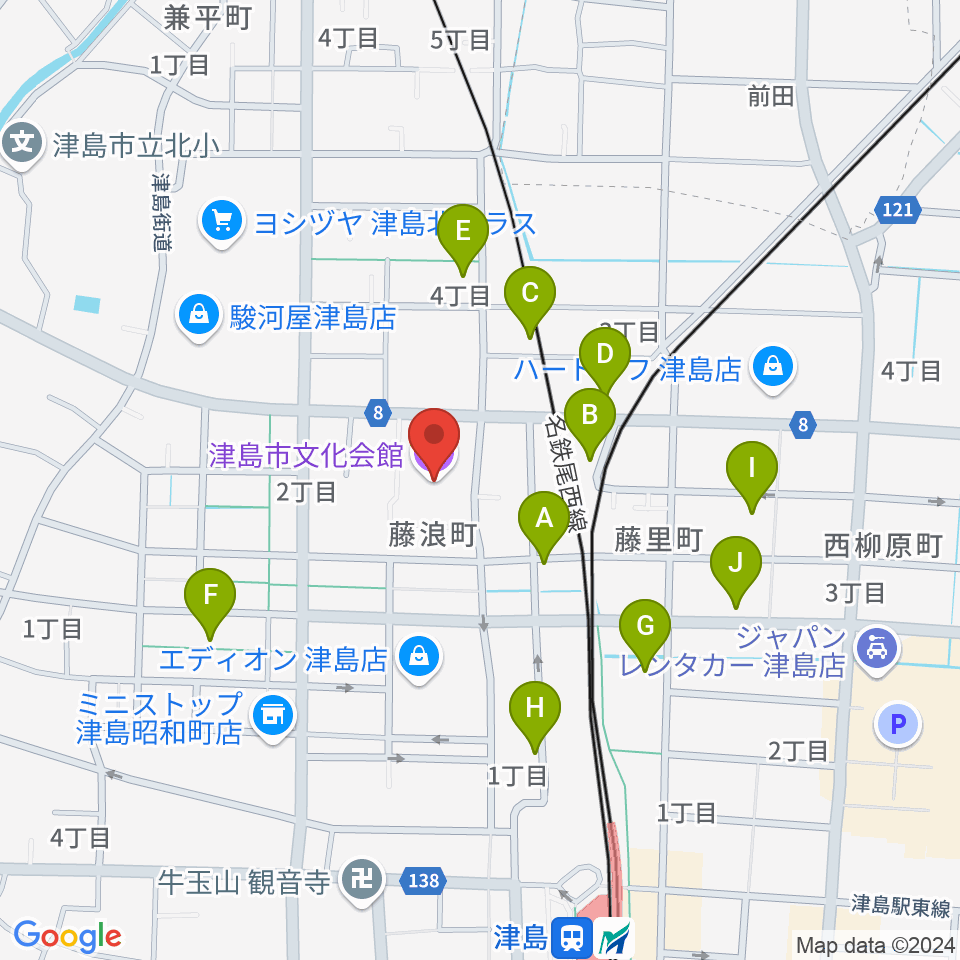 津島市文化会館周辺の駐車場・コインパーキング一覧地図