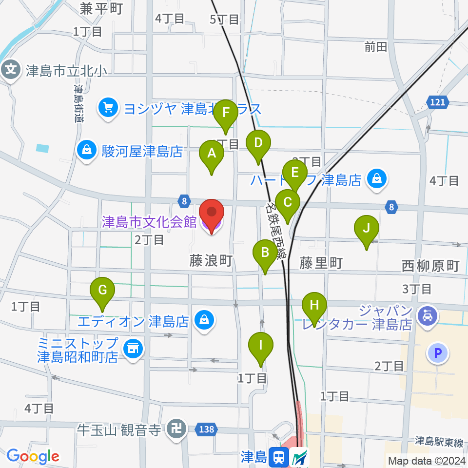 津島市文化会館周辺の駐車場・コインパーキング一覧地図