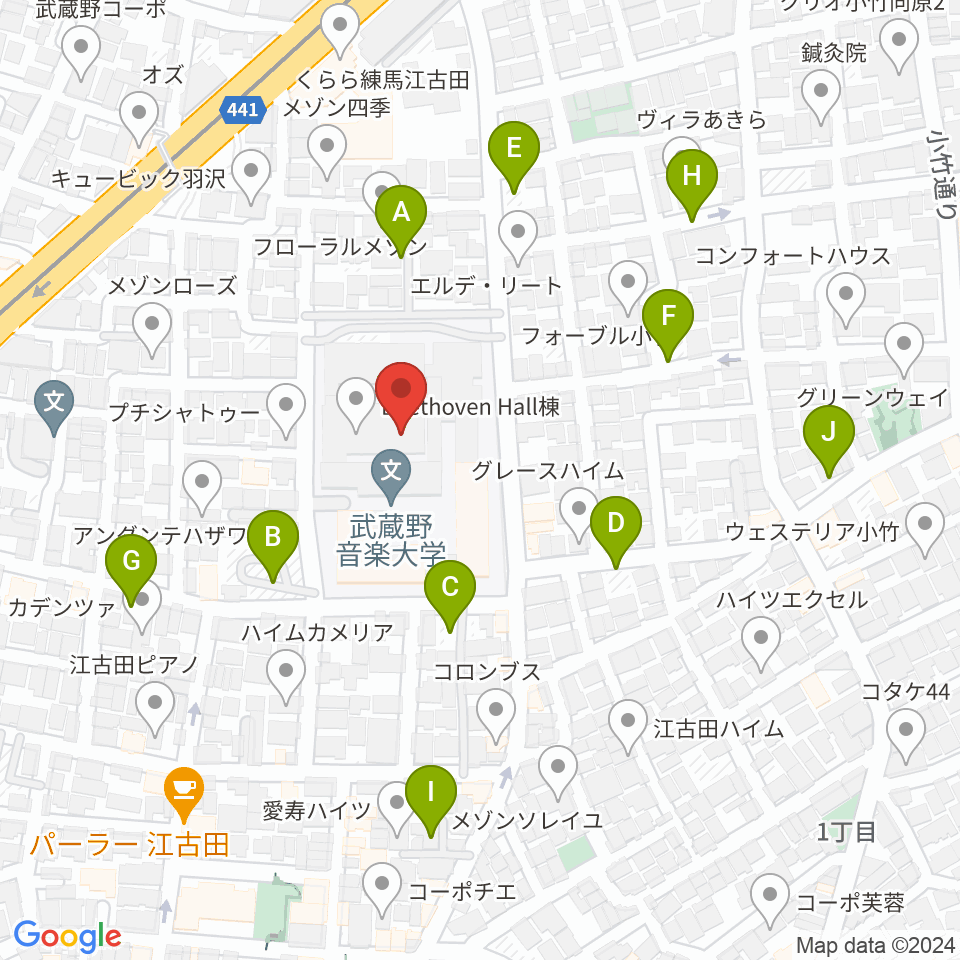 武蔵野音楽大学ベートーヴェンホール周辺の駐車場・コインパーキング一覧地図