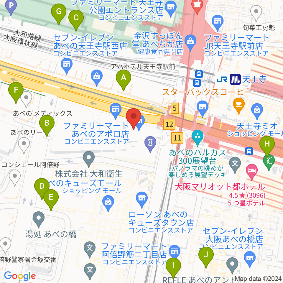 ワタナベ楽器店 アベノミュージックセンター周辺の駐車場・コインパーキング一覧地図