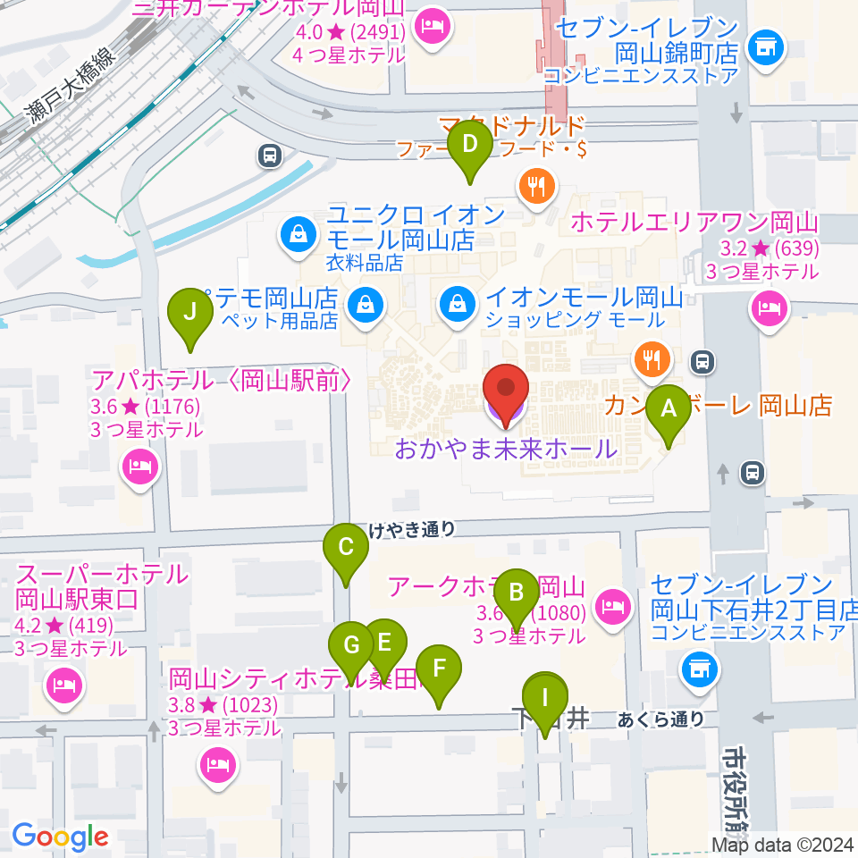 おかやま未来ホール周辺の駐車場・コインパーキング一覧地図