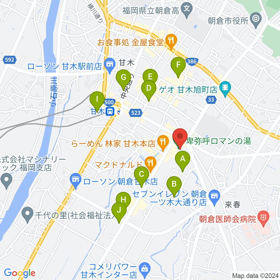 ピーポート甘木（朝倉市総合市民センター）周辺の駐車場・コインパーキング一覧地図