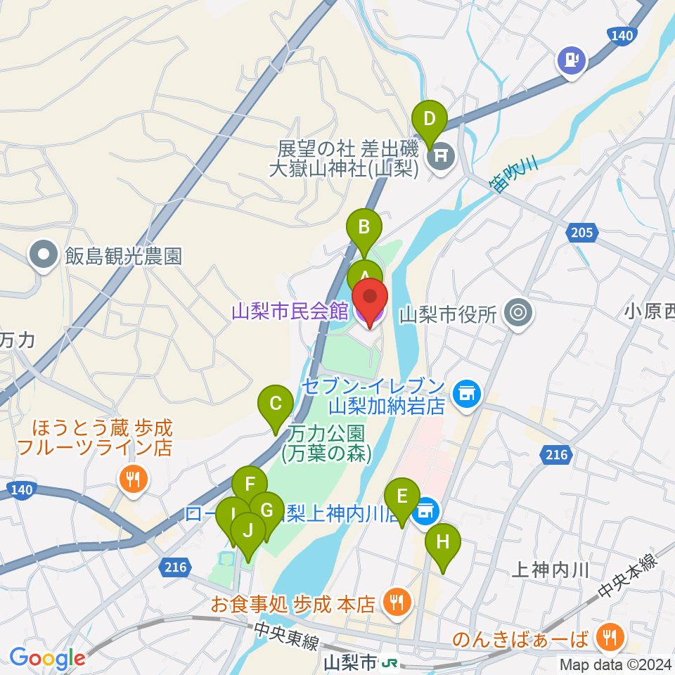 山梨市民会館周辺の駐車場・コインパーキング一覧地図