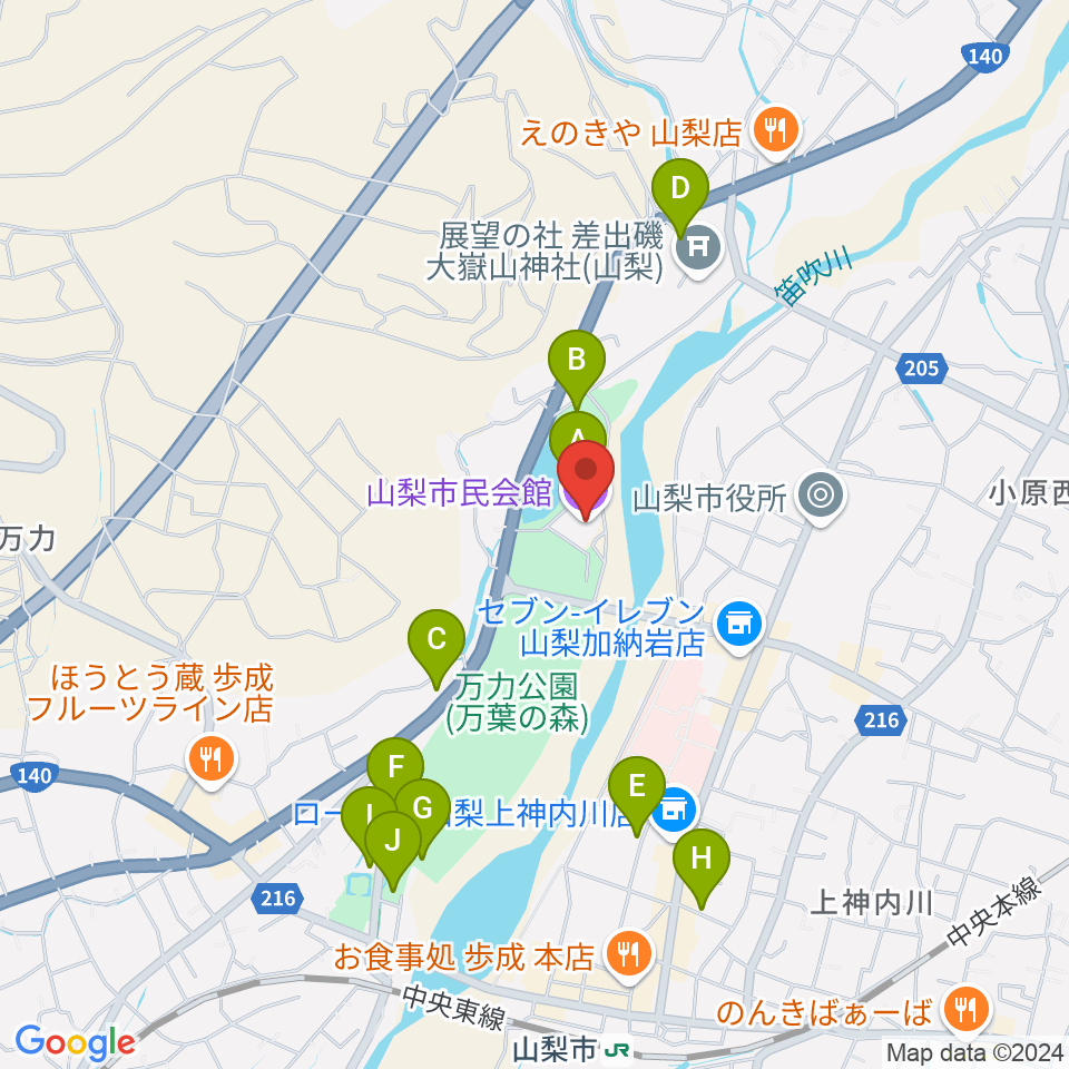 山梨市民会館周辺の駐車場・コインパーキング一覧地図