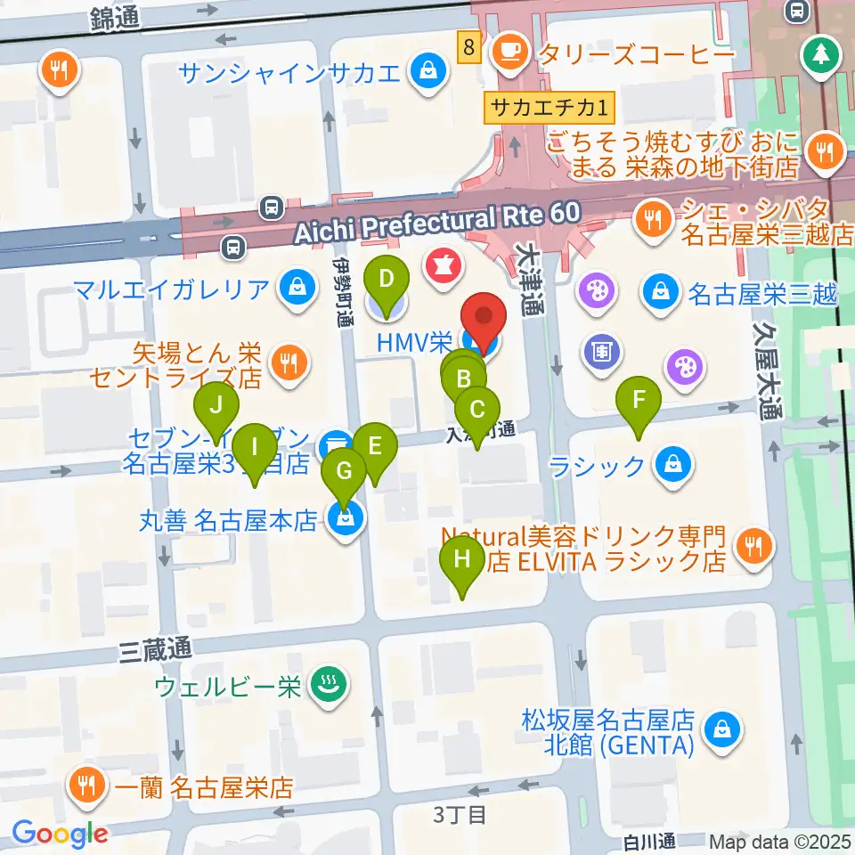 HMV栄周辺の駐車場・コインパーキング一覧地図