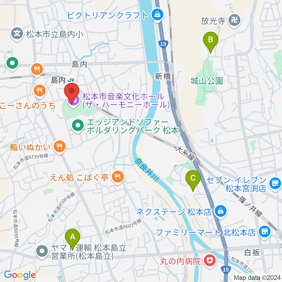 松本市音楽文化ホール ザ・ハーモニーホール周辺の駐車場・コインパーキング一覧地図