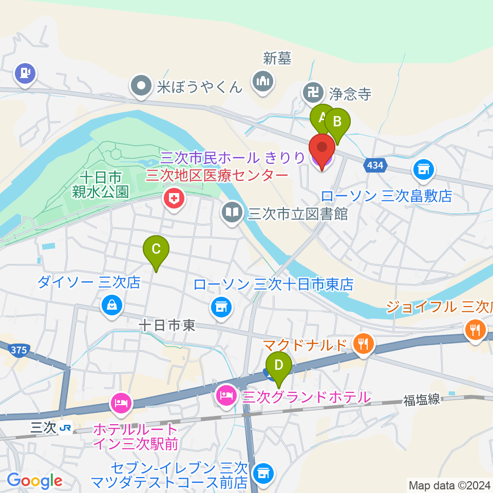 三次市民ホールきりり周辺の駐車場・コインパーキング一覧地図