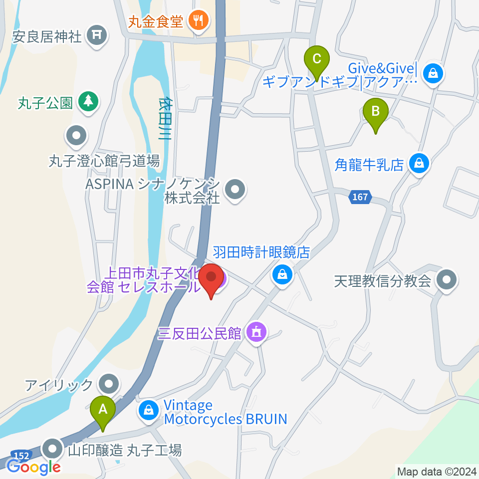 上田市丸子文化会館セレスホール周辺の駐車場・コインパーキング一覧地図