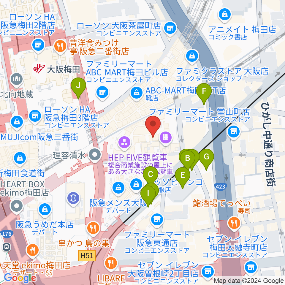 梅田HEP HALL周辺の駐車場・コインパーキング一覧地図