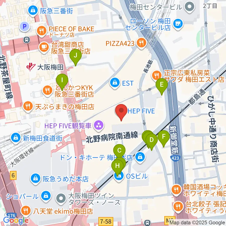 梅田HEP HALL周辺の駐車場・コインパーキング一覧地図