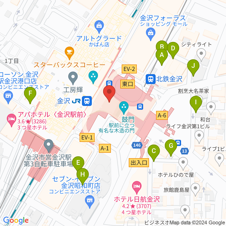 金沢駅東もてなしドーム地下広場周辺の駐車場・コインパーキング一覧地図