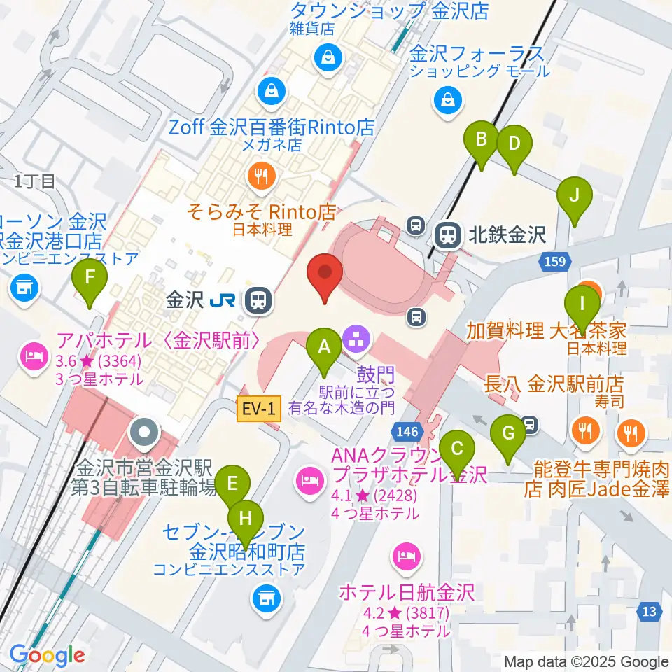 金沢駅東もてなしドーム地下広場周辺の駐車場・コインパーキング一覧地図