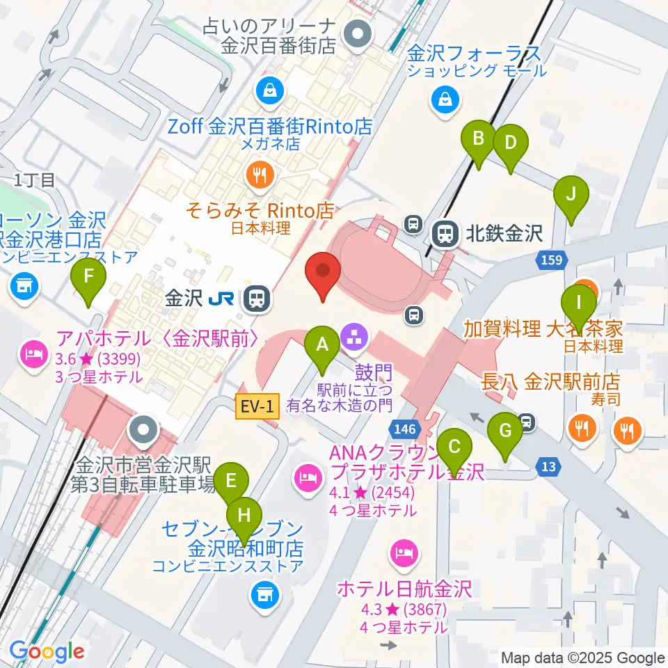 金沢駅東もてなしドーム地下広場周辺の駐車場・コインパーキング一覧地図