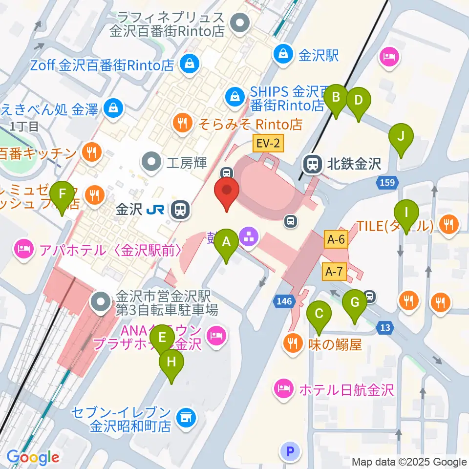 金沢駅東もてなしドーム地下広場周辺の駐車場・コインパーキング一覧地図