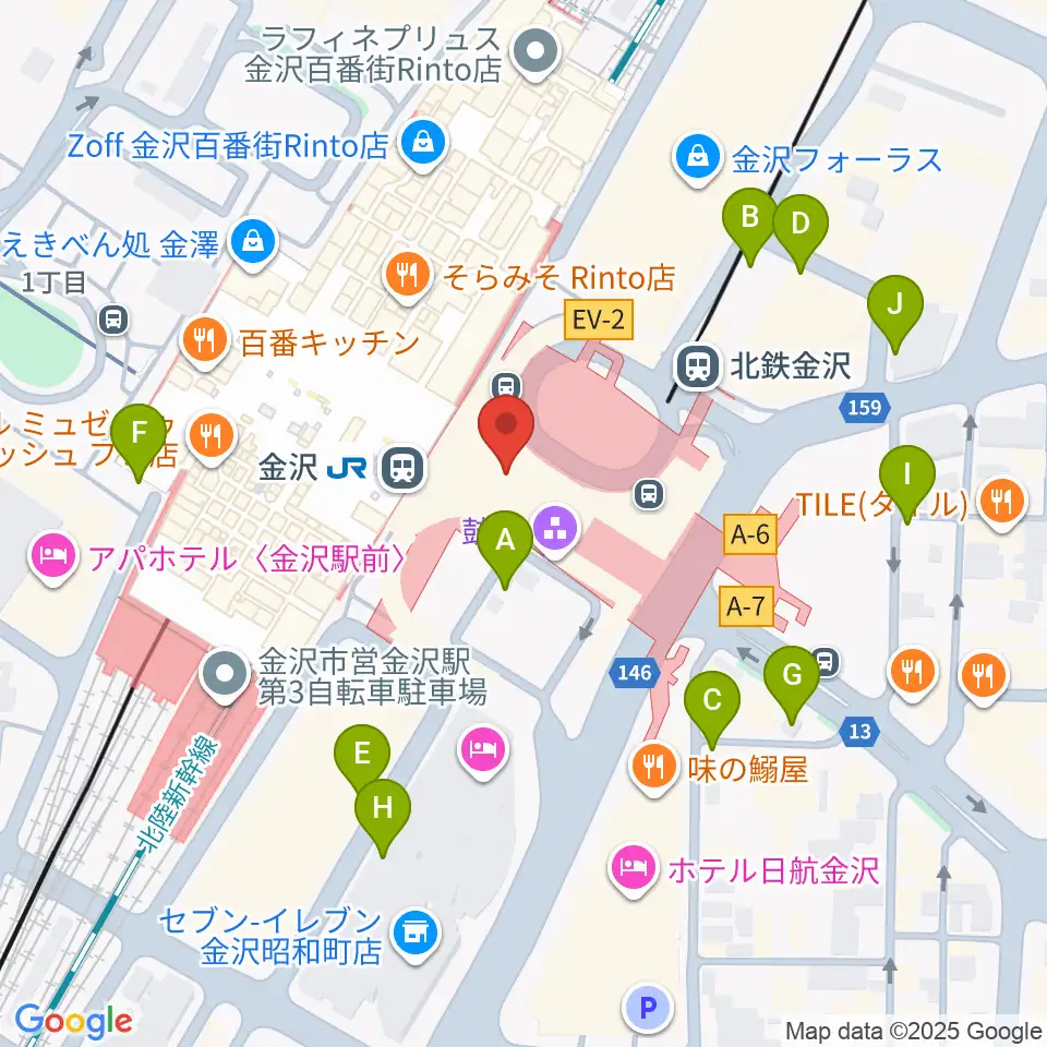 金沢駅東もてなしドーム地下広場周辺の駐車場・コインパーキング一覧地図