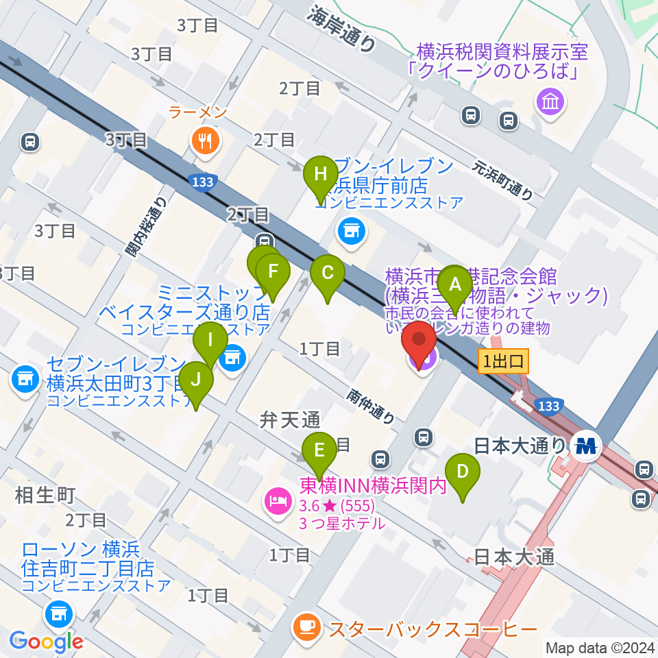 横浜市開港記念会館周辺の駐車場・コインパーキング一覧地図