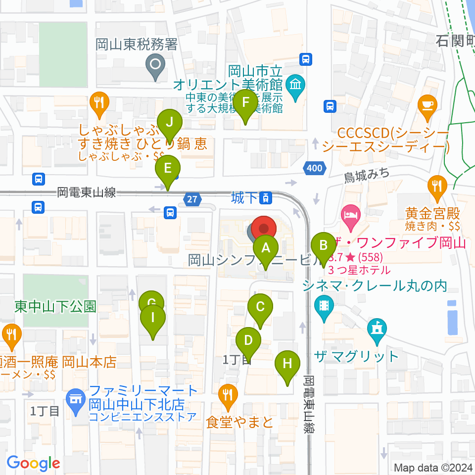 ヤマハミュージック 岡山店周辺の駐車場・コインパーキング一覧地図