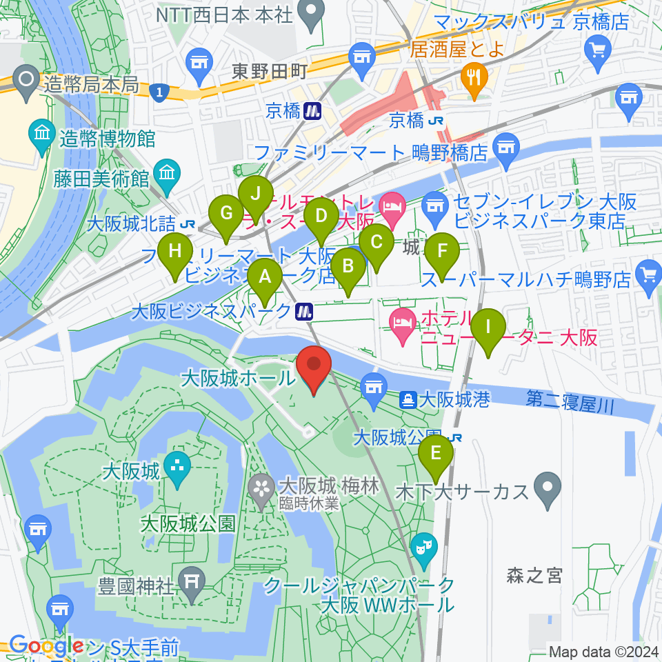 大阪城ホール周辺の駐車場・コインパーキング一覧地図