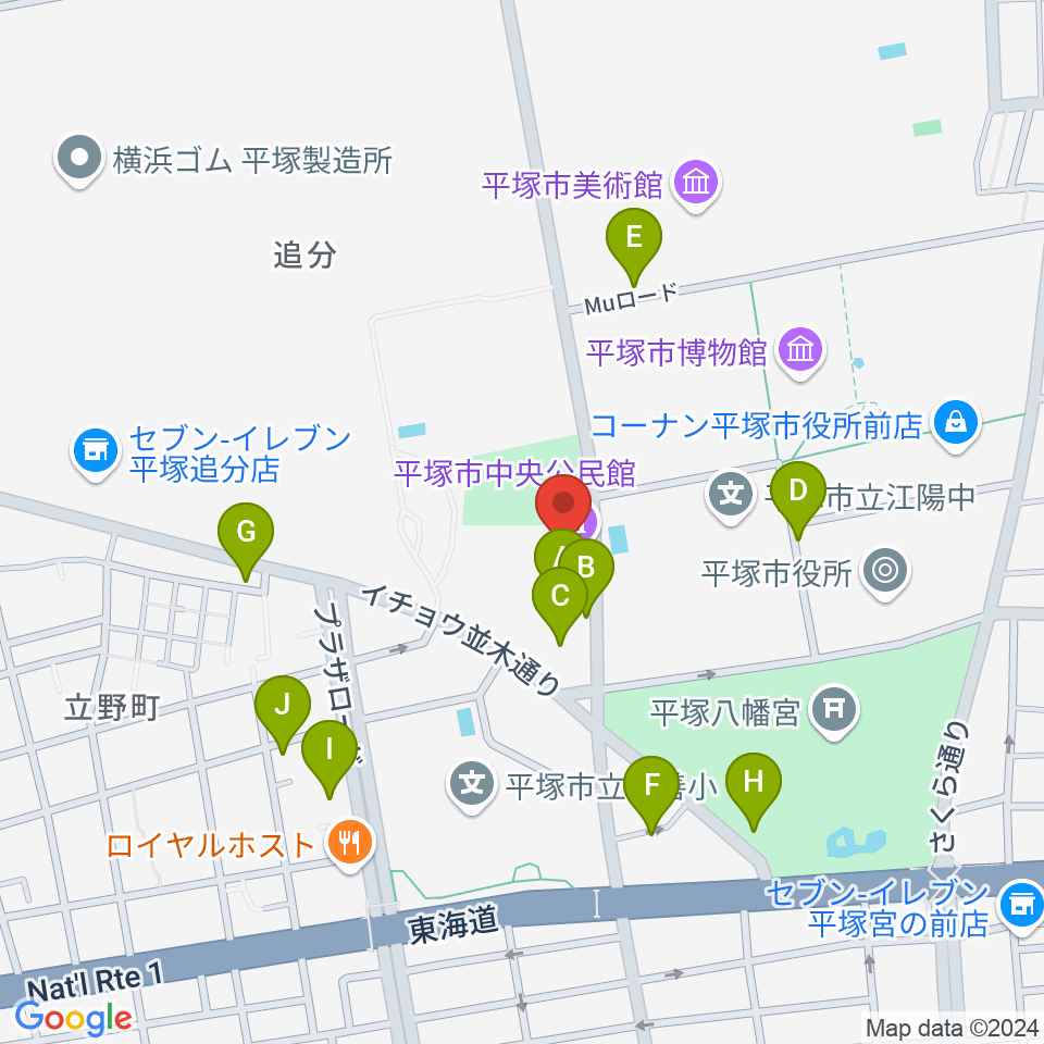 平塚市中央公民館周辺の駐車場・コインパーキング一覧地図