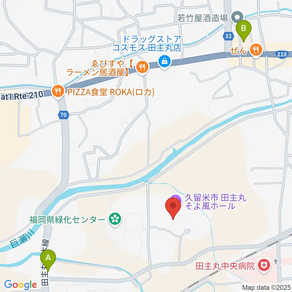 田主丸複合文化施設そよ風ホール周辺の駐車場・コインパーキング一覧地図