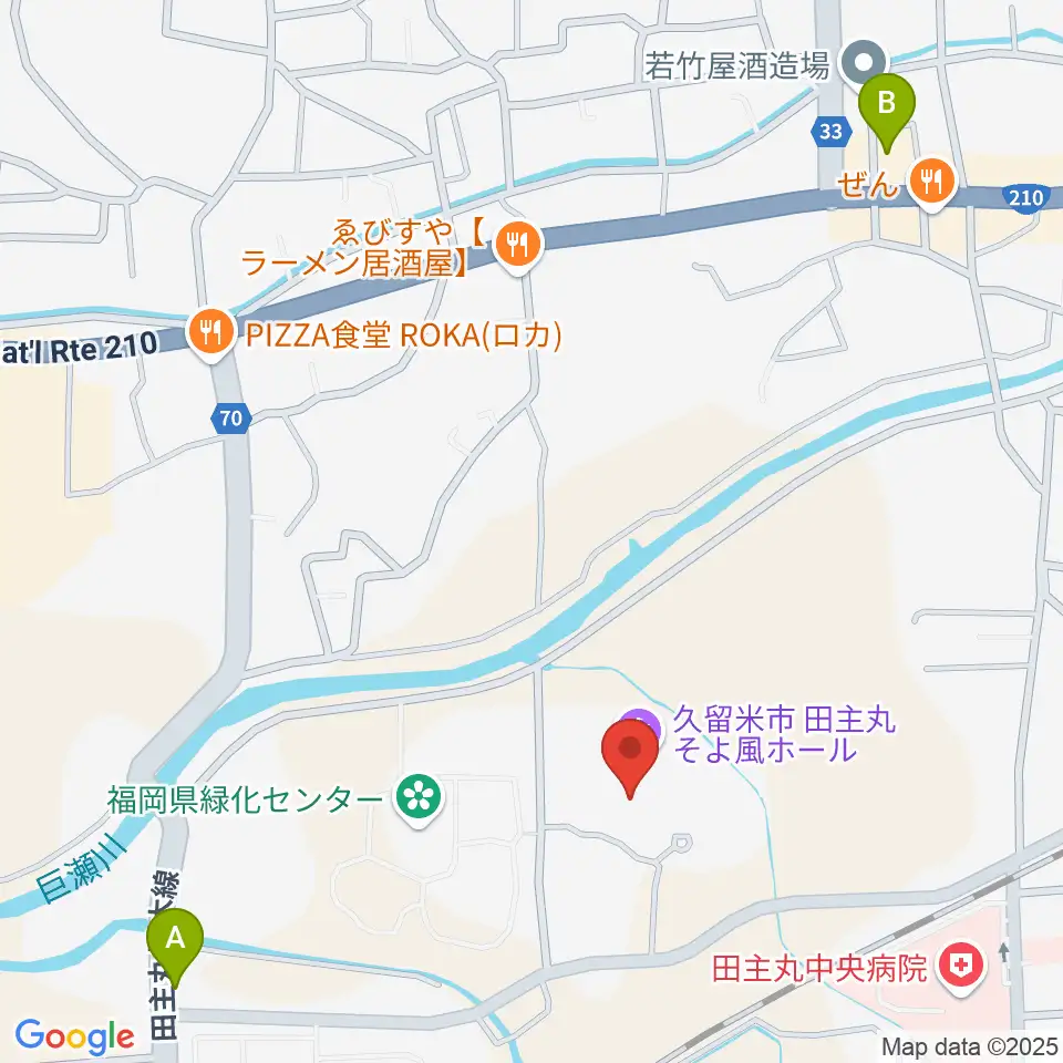 田主丸複合文化施設そよ風ホール周辺の駐車場・コインパーキング一覧地図