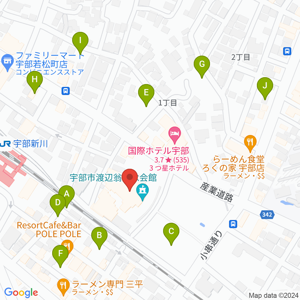 宇部市渡辺翁記念会館周辺の駐車場・コインパーキング一覧地図