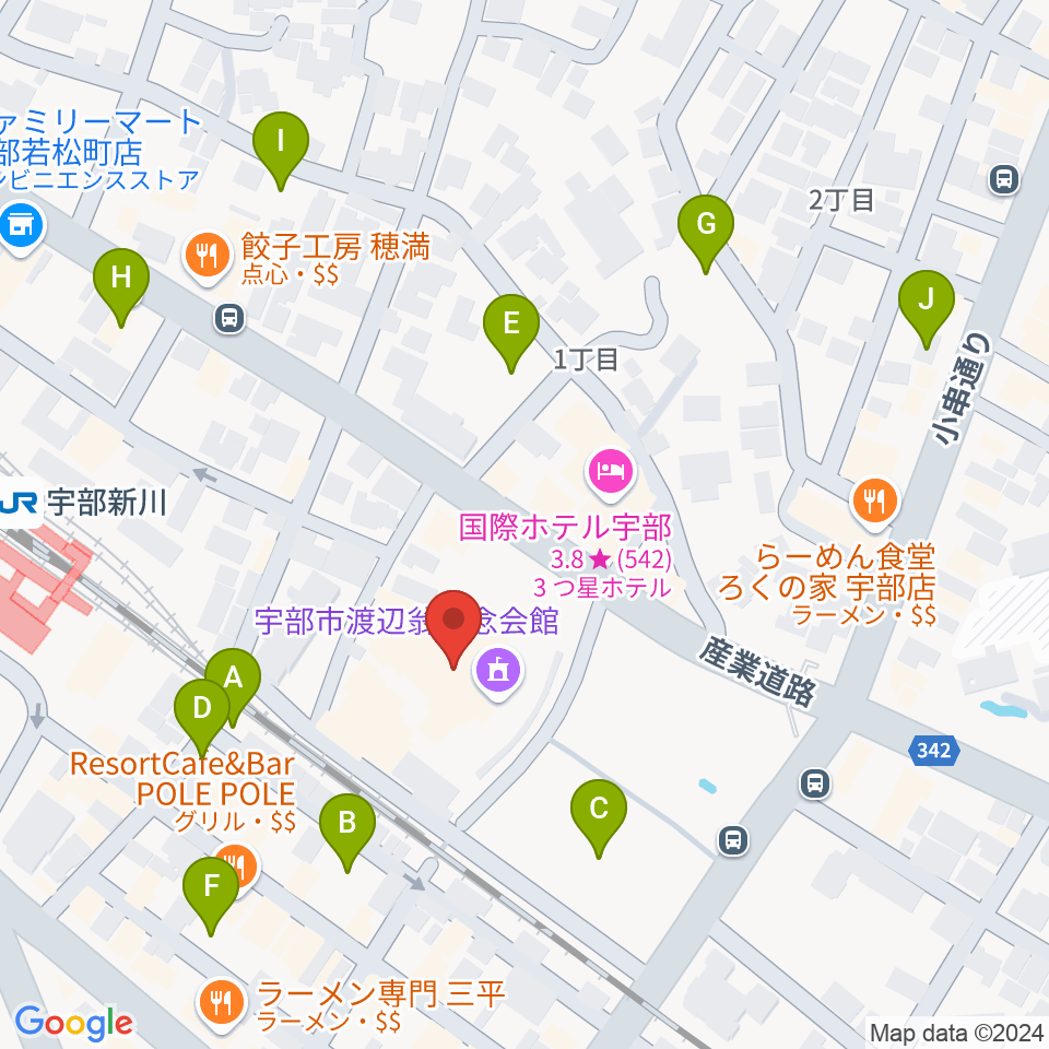 宇部市渡辺翁記念会館周辺の駐車場・コインパーキング一覧地図