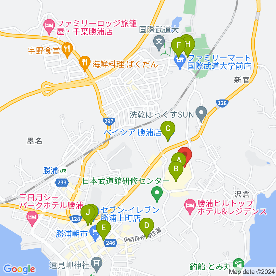 勝浦市芸術文化交流センター キュステ周辺の駐車場・コインパーキング一覧地図