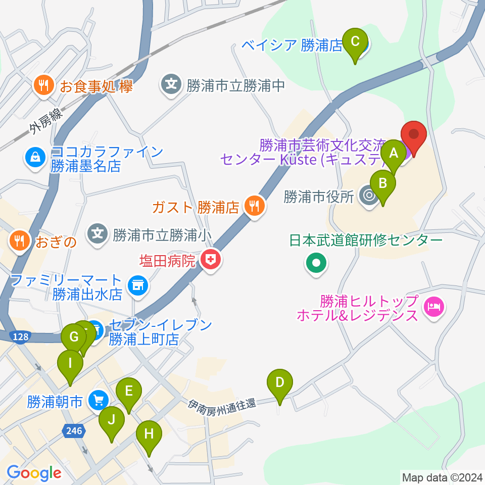 勝浦市芸術文化交流センター キュステ周辺の駐車場・コインパーキング一覧地図