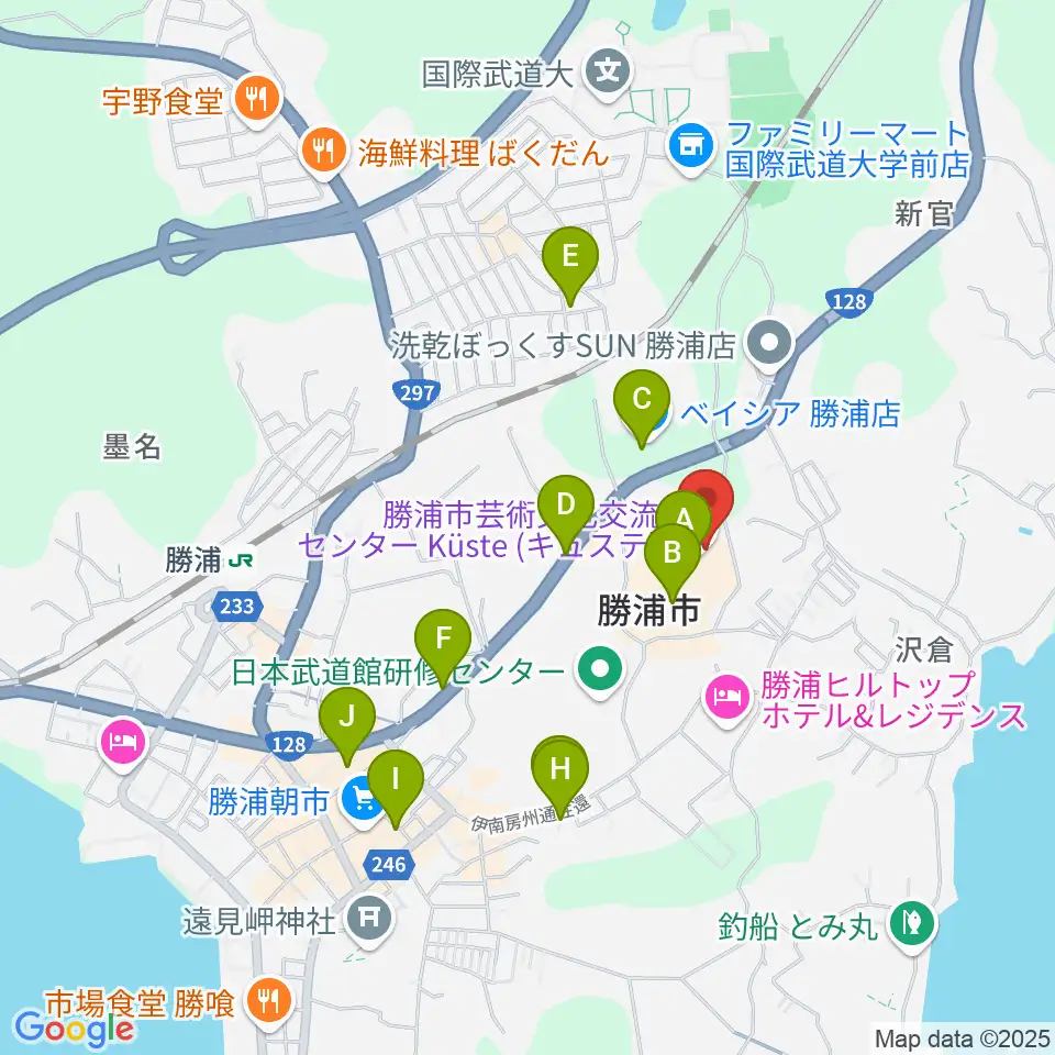 勝浦市芸術文化交流センター キュステ周辺の駐車場・コインパーキング一覧地図