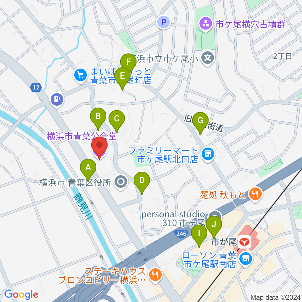 横浜市青葉公会堂周辺の駐車場・コインパーキング一覧地図