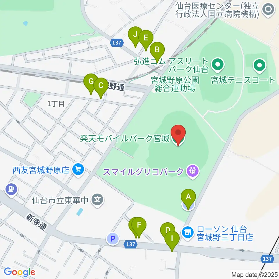 楽天モバイルパーク宮城周辺の駐車場・コインパーキング一覧地図