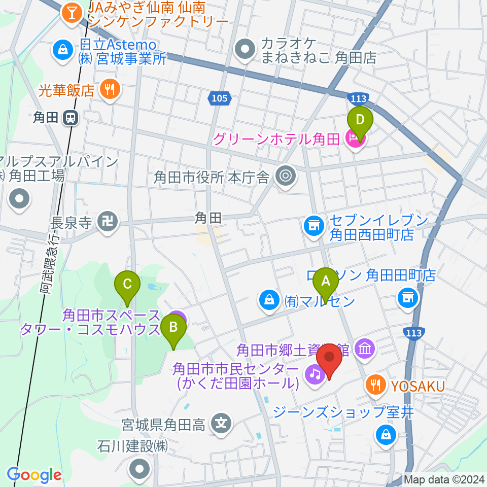 かくだ田園ホール（角田市市民センター）周辺の駐車場・コインパーキング一覧地図