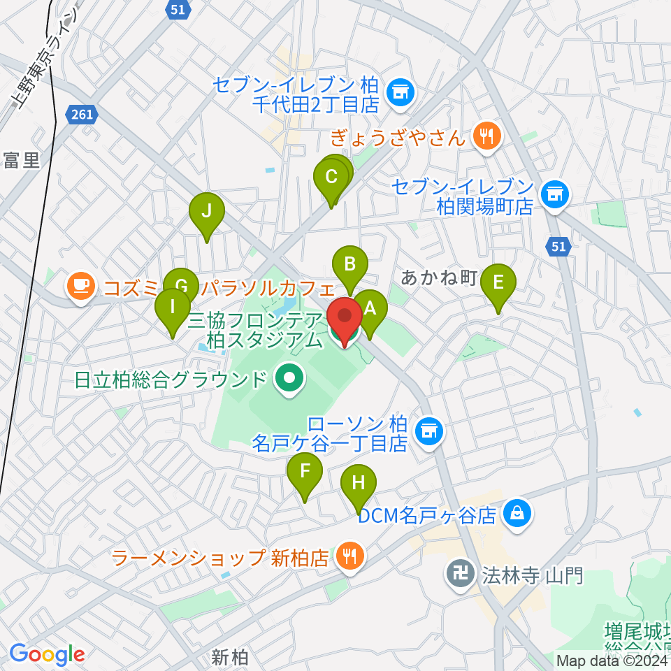 三協フロンテア柏スタジアム周辺の駐車場・コインパーキング一覧地図