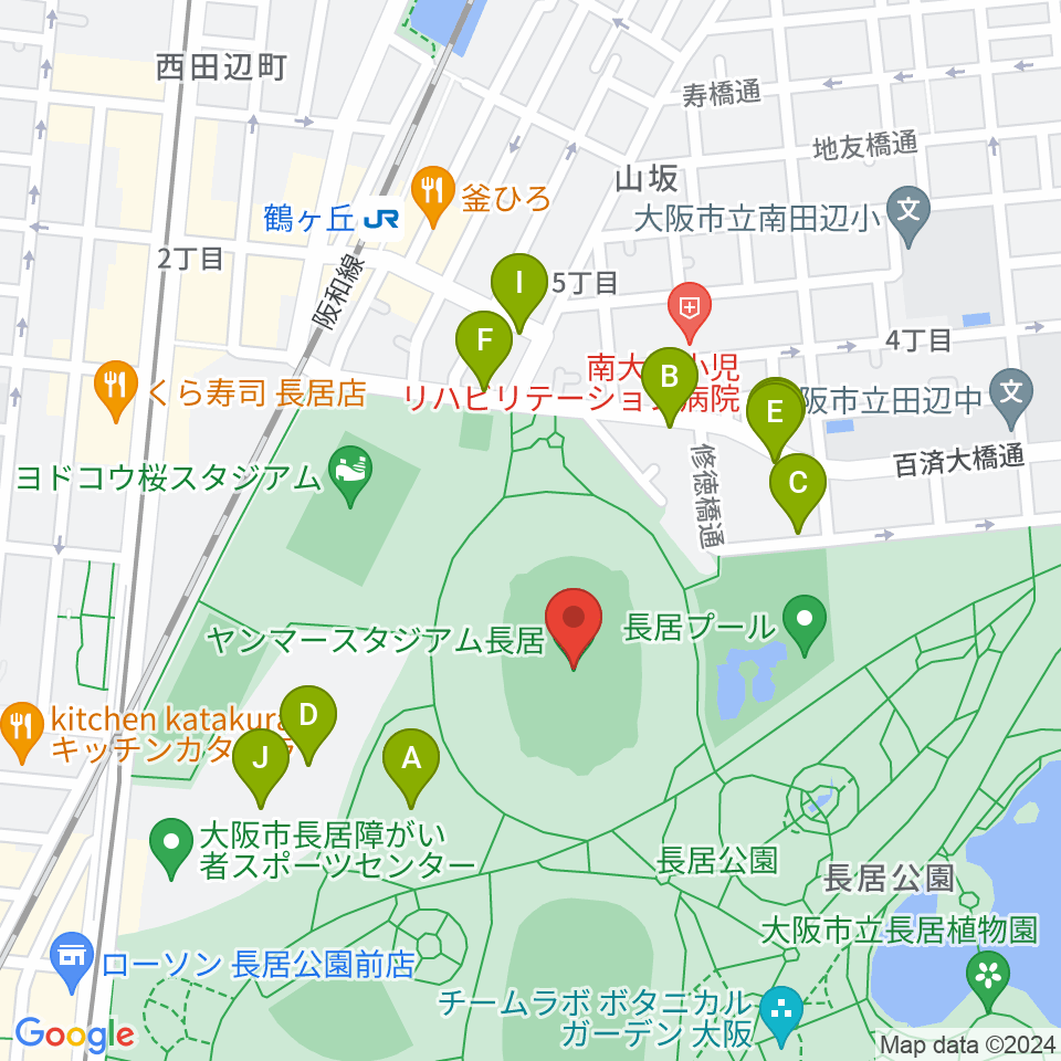 ヤンマースタジアム長居周辺の駐車場・コインパーキング一覧地図