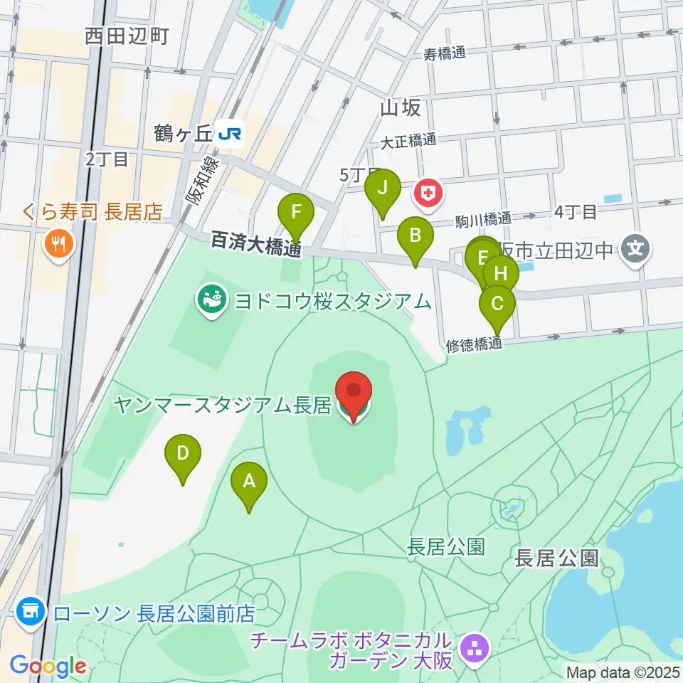 ヤンマースタジアム長居周辺の駐車場・コインパーキング一覧地図